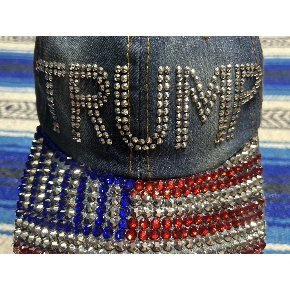 Womens Denim Donald Trump Hat Cap Flag Rhinestones MAGA Distressed Style